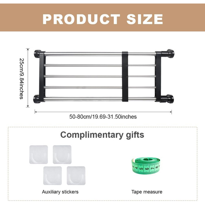 Hershii 50-80cm Extendable Closet Shelf Rod, Adjustable Closet Organizer, Pull-Out Closet Divider, Clothes Rod, Closet Metal Storage, for Wardrobe, Kitchen, Bathroom, Black