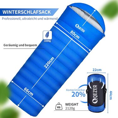 Сплячий мішок Daunenschlafsack: 4-сезонний, зимовий, від -3°C до -20°C. Підходить для кемпінгу, походів та відпочинку на природі для дорослих та дітей. Колір: небесно-блакитний. Діапазон температур: -3°C до -12°C (небесно-блакитний -8°C до -18°C)