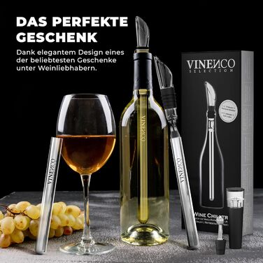 Набір для охолодження вина VINENCO DAS ORIGINAL: охолоджувач пляшок + декантер 7-в-1. Преміум аксесуари для вина: сталь, декантер, аератор, виливач. Ідеальний подарунок для жінок та чоловіків. Набір для червоного та білого вина з 2 охолоджувачами.