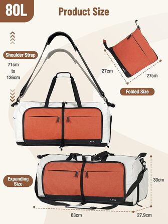 Сумка-рюкзак Lekesky для подорожей, 45x36x20 см, Easyjet Handgepäck, спортивна сумка з відділенням для взуття, водонепроникна, 80 л, бежево-коричнева