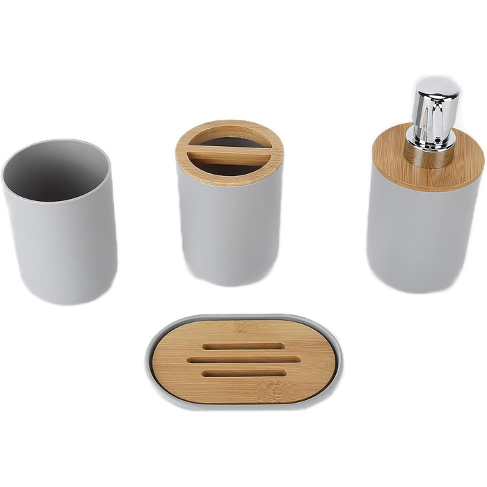 Набір аксесуарів для ванної кімнати на 4 предмети: тримач для зубних щіток, мильниця, дозатор для лосьйону, стакан для ополіскувача, сучасне оздоблення для дому та готелю (сірий)