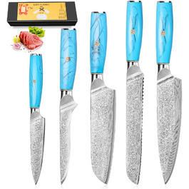 Ніж кухарський Kiritsuke з дамаської сталі, 18.8 см, VG-10, ергономічна ручка з натуральної смоли, подарункова коробка (блакитний)