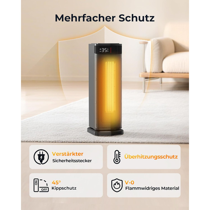 Електричний обігрівач 2000W з економічним споживанням, тихий, з таймером 24 години, осциляція 90°, захист від перекидання та перегріву, чорний