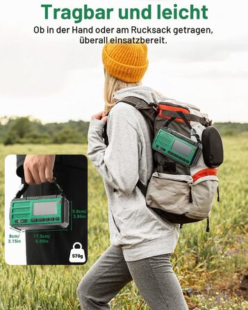 Радіоприймач Esky Kurbelradio з сонячною батареєю, 10000mAh, AM/FM, USB-зарядка, LED-ліхтарик, SOS-сигнал, компас, портативне для кемпінгу та надзвичайних ситуацій, зелений