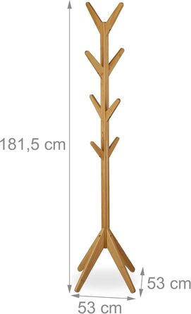 Relaxdays Bamboo Coat Rack, Jacket Stand with 8 Hooks, HBT 181.5 x 53 x 53 cm, Standing Wardrobe in Tree Shape, Natural 10032151