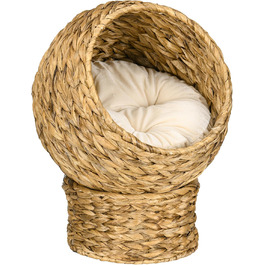 PawHut Rattan Cat Basket Cat Cave Cat House Cat Bed with Cushion Pet Bed Water Hyacinth Brown 42 x 33 x 52 cm