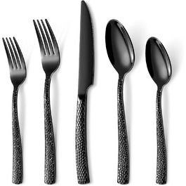 Набір столових приборів Honkku 30 предметів (6 осіб), чорний, з нержавіючої сталі, з об'ємними ручками, набір ножів, виделок та ложок, полірований, придатний для миття в посудомийній машині
