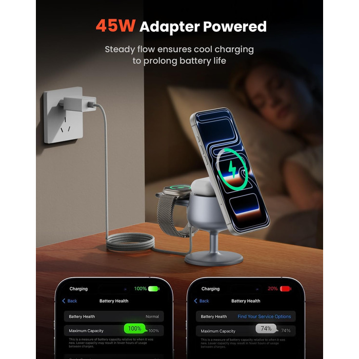 Бездротова зарядна станція 3-в-1 GEEKERA Qi2.2 25W для Apple: MagSafe швидкий заряд для iPhone 17/16/12, Apple Watch та AirPods, адаптер GaN 45W, срібляста