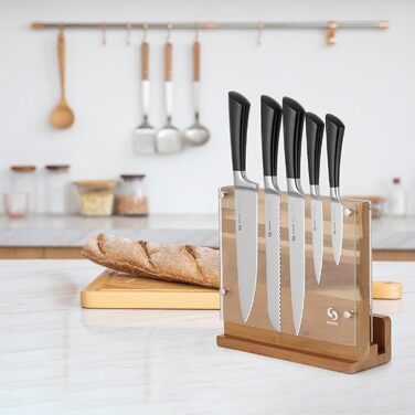 SANHUI Natural Acacia Wood Knife Block, Elegant and Practical Double-Sided Magnetic Knife Holder, Convenient and Durable, Perfect for Kitchen Knife Display