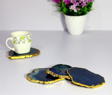 Natural agate coasters, for bar, beer, coffee, tea, set of 4, perfect table accessory, tableware (Blue)