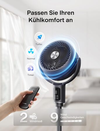 Вентилятор PELONIS з пультом керування: тихий, 9 швидкостей, таймер 9 годин, регульована висота, осциляція 135°/100°, енергозберігаючий для спальні/вітальні