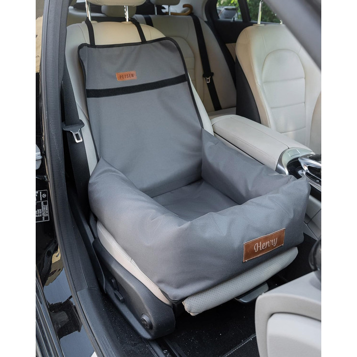 Крісло-ліжко для собак Petsen з іменем, сіре. Зручне автокрісло для собак маленьких порід, автоліжко з ліжком та поводок.