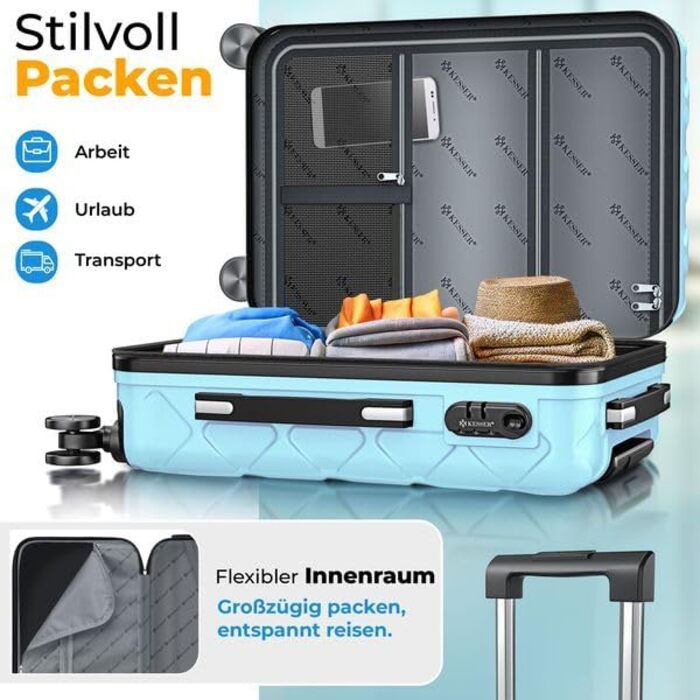 Набір валіз KESSER® 4 шт. | Валізи з ABS, кодований замок, ваги для багажу, органайзер для документів | Ручна та велика валіза для подорожей та бізнесу (Скай Блю)