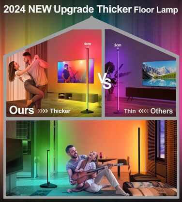 LED-підлогова лампа DeeprBling для вітальні, 165 см, кутова RGB, з регулюванням яскравості, пультом та додатком, 16 мільйонів кольорів, музичні режими, DIY-режим та таймер для спальні, ігрової кімнати, офісу, читального залу (з EU-адаптером)