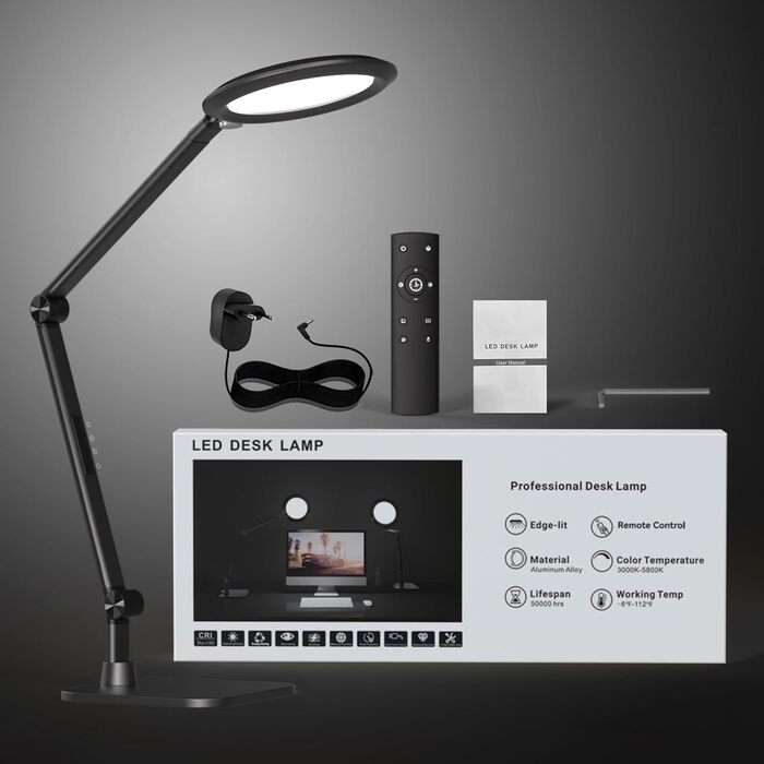 LED лампа настільна з денним світлом для відеоконференцій, офісна лампа з підставкою, регульована з 4 кольоровими режимами, 18W світло для відео, захищає очі, для дому та офісу, матовий білий (тінтовий чорний)