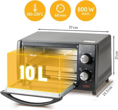 Міні-піч TZS First Austria 10L з регулюванням температури до 230°C, таймером 60 хв, 2 рівнями та решіткою для гриля - для маленької кухні та кемпінгу
