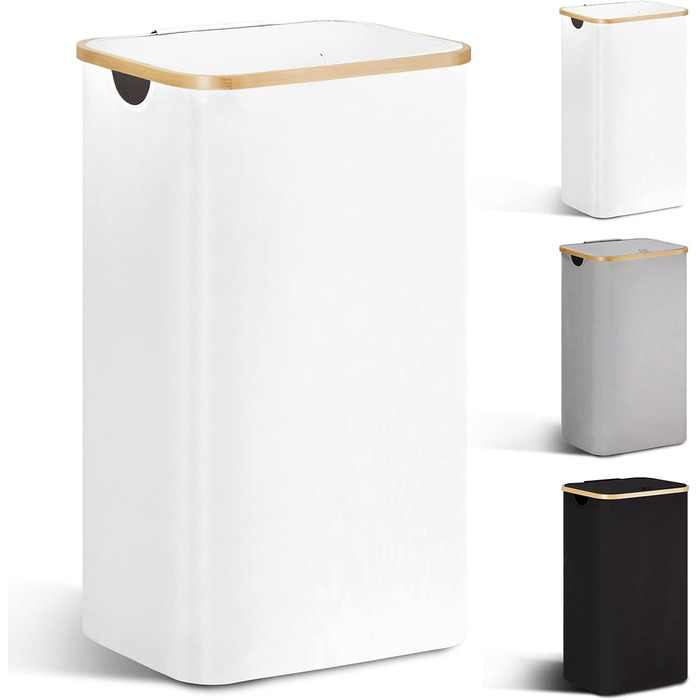 YOUDENOVA Laundry Basket with Lid 85L Laundry Collector Slim with Laundry Bag Large Foldable Laundry Sorter Wood Bamboo Laundry Chest High Laundry Baskets, White