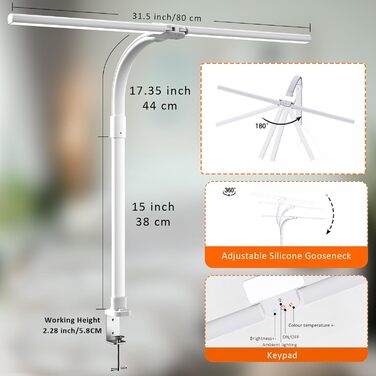LED лампа для робочого столу з регулюванням яскравості, 24W, 80см, для офісу та дому, лампа-лебідь, кріпиться до столу (біла)