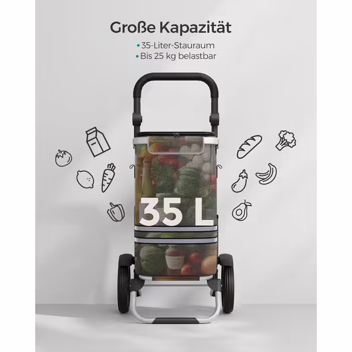 SONGMICS Shopping Trolley, Trolley, Shopping Cart with Cooler Compartment, Large, 35 Liters, Foldable, Shopping Bag with Wheels, Detachable Bag, Gray KST02GY