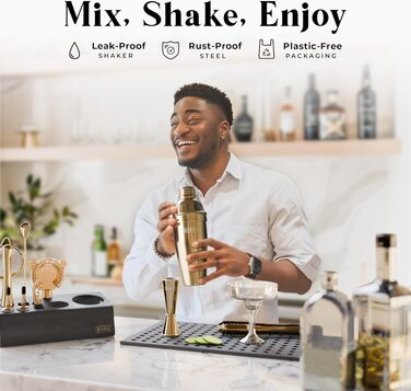 Професійний набір для коктейлів BARE BARREL Mixology Barkeeper Kit, 14 предметів, золотий, з шейкером Коблер 24oz та картками рецептів