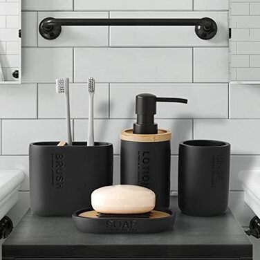 Набір аксесуарів для ванної кімнати з бамбуком/деревом, чорний: дозатор мила, тримач зубних щіток, мильниця