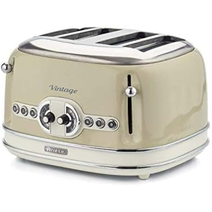 Тостер Ariete Vintage 156 на 4 скибки, ретро-дизайн, 6 режимів підсмажування, автоматичний викид, функція розморожування, знімний лоток для крихт, корпус з нержавіючої сталі, 1600 Вт, бежевий