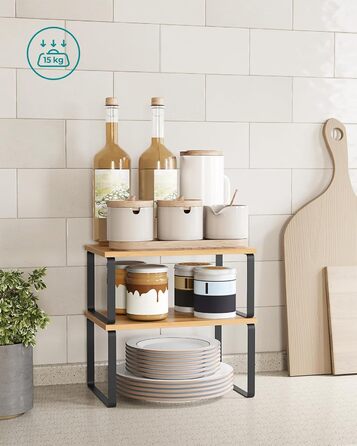 SONGMICS Spice Rack, 4-Piece Set, Kitchen Shelf, Kitchen Organizer, Expandable, Spice Holder, Stackable, with Metal Frame, 19.5 x 29.7 x 15.8 cm, Ink Black-Natural Beige KCS10NB