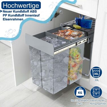 Вбудований контейнер для сміття HENGMEI з висувною системою, сірий (2x15L)