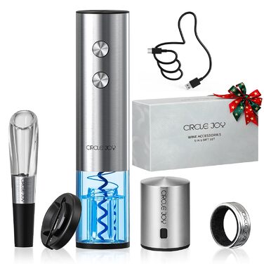 Електричний відкривачка вин CIRCLE JOY 6-в-1 з зарядною станцією, комплект з нержавіючої сталі, з обрізачем фольги, аератором та 2 вакуумними закривачами