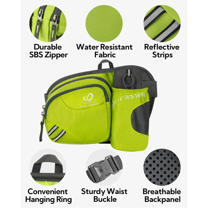 Спортивна поясна сумка Waterfly з тримачем для пляшки, для жінок та чоловіків, дихаюча, для бігу, велоспорту, кемпінгу, подорожей та активного відпочинку (світло-зелена)