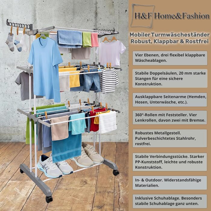 Сушарка для білизни H&F Turmwäscheständer 4-ярусна на колесах з гальмами, 170 см, до 40 кг