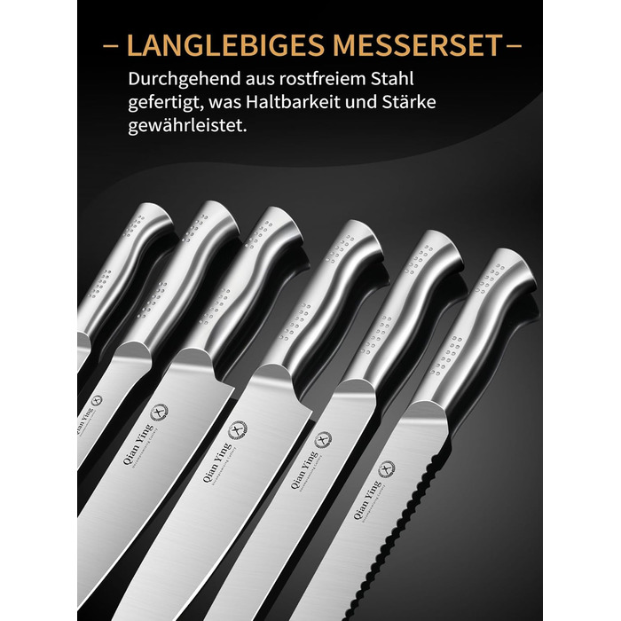 Набір кухонних ножів Qianying з блоком: 14 предметів. Набір ножів з підставкою, точилка, срібний колір. Кухонні ножі, подарунок для мами. Преміум якість.