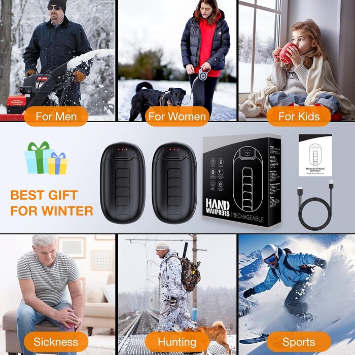 Грілки для рук, акумуляторні, багаторазові, магнітні, електричні, 7 годин тепла, 3 режими, температура до 56°C, зарядка USB-C, для синдрому Рейно, гольф, активний відпочинок, зимова техніка, 2 шт.