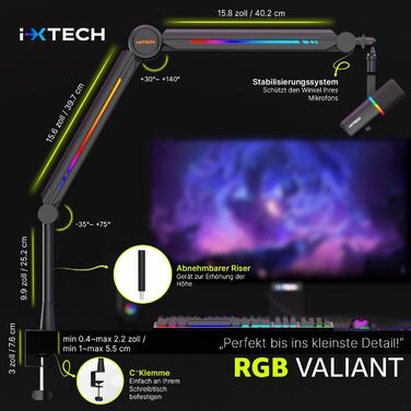 Кріплення мікрофона IXTECH RGB Boom Arm: регульований тримач для стрімінгу, геймінгу, чорний