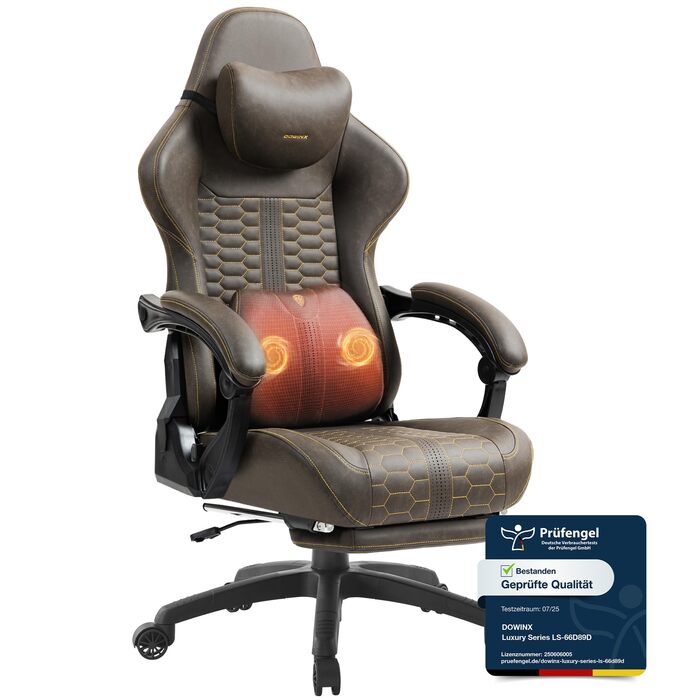 Ігровий крісло Dowinx Big and Tall з масажем попереку, підставка для ніг, ергономічне, PU шкіра, 180 кг (Жовтий)