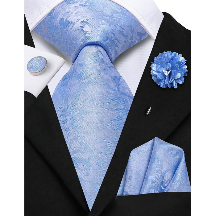 Шовковий краватковий комплект Hi-Tie: краватка, нагрудна хустинка, запонки, латунний значок. Ідеально для весілля та ділових зустрічей (Babyblau A)