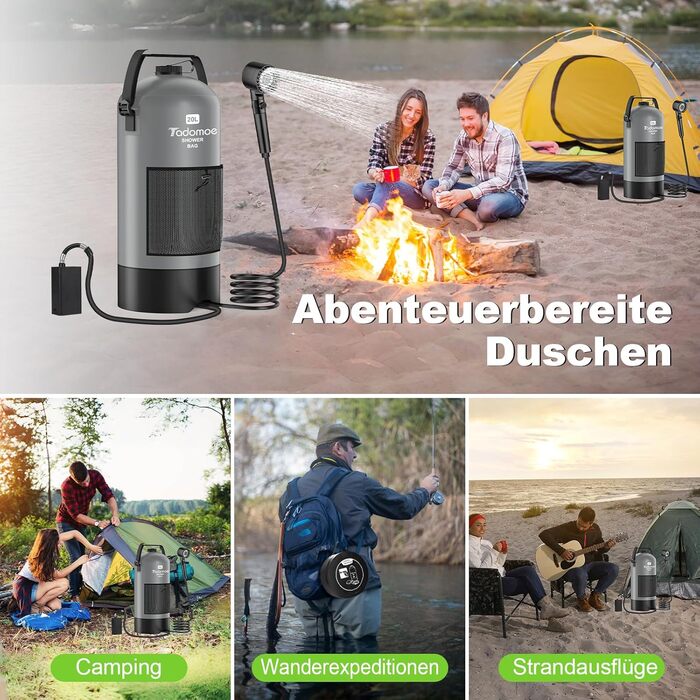Сонячний душ Tadomoe 20L з насосом та сумкою, 2000mAh, для кемпінгу, пляжу, подорожей (сірий)