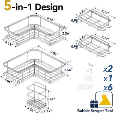 Органайзер для душу YASONIC (5 шт.), самоклеючий, нержавіюча сталь, полиці для ванної кімнати з мильничкою та 4 гачками, велика місткість, сріблястого кольору