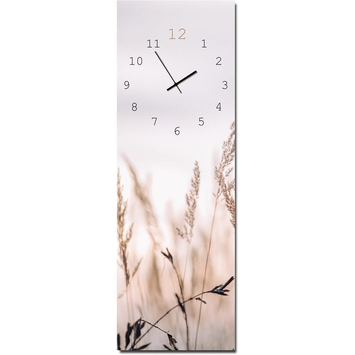 Скляний настінний годинник Calm Grasses 20x60 см безшумний, металеві стрілки, для вітальні та спальні, натуральний дизайн з рослинами, вироблено в ЄС