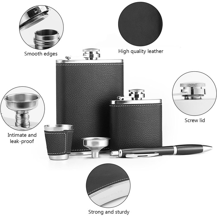 Персоналізований набір фляг 8oz + 3oz, чорна шкіра з келихом з нержавіючої сталі, ручка для підпису, воронка - подарунковий набір для чоловіків, ідеальний для подарунка на День батька