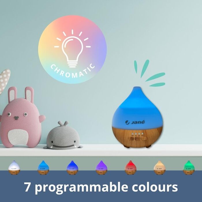 Зволожувач повітря для дітей Jané, тихий, 140 мл, 7 кольорів LED, для аромаолій, таймер, з дерева