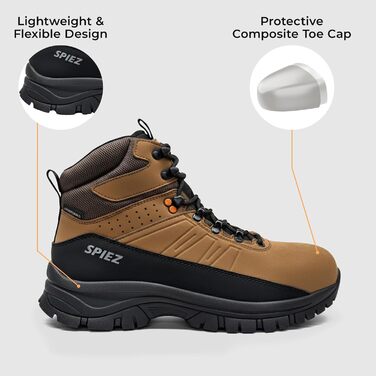 Черевики безпеки Spietz для чоловіків: легкі робочі черевики з композитною захисною капою, антистатичні, неслизькі, водонепроникні, для промисловості та будівництва, коричневі, розміри EU 39–46 43 EU
