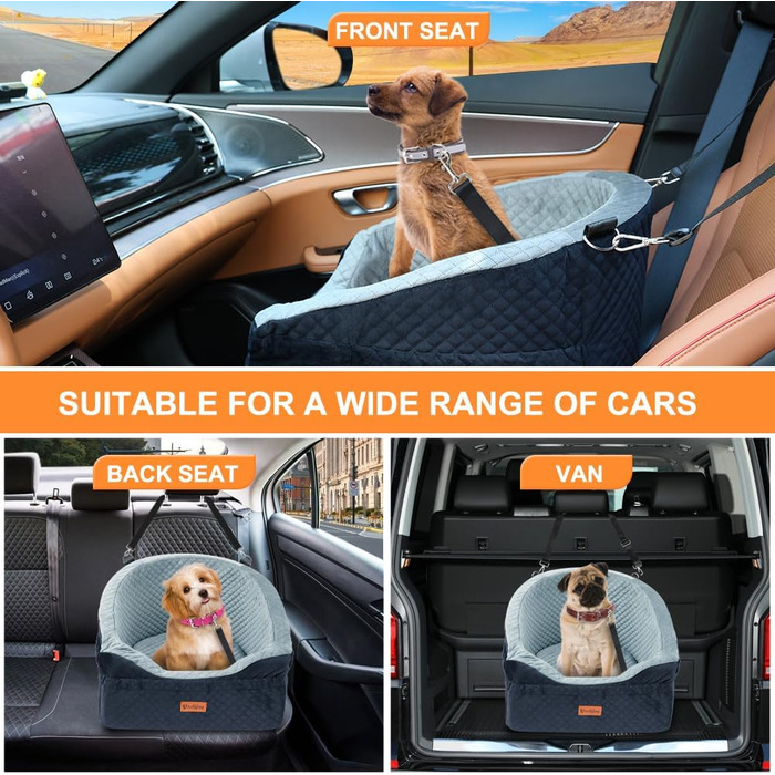 Elevated Dog Car Seat - Small & Medium Dogs (Up to 13.6KG) - Washable, Travel Bed with Storage & Safety Belt (Black & Grey)