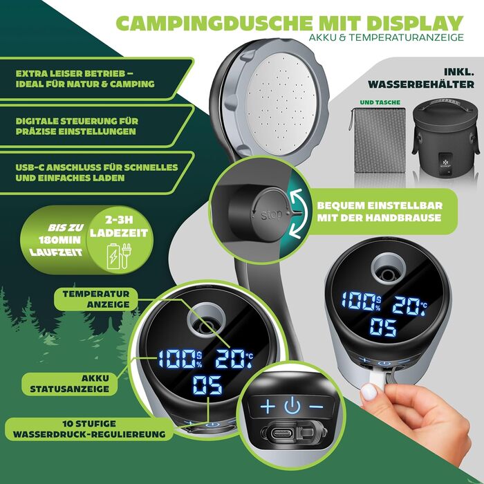 Соняшна душова кабіна KESSER® з насосом та акумулятором 8000mAh | 20L комплект для кемпінгу з регульованим душем, шлангом 2м, пістолетом-розпилювачем та кріпленням