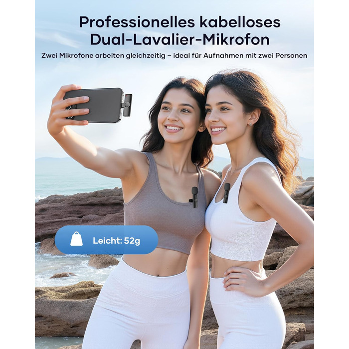 Беспроводной петличный микрофон 2 шт. для iPhone, iPad, Android, YouTube, TikTok, с шумоподавлением, Plug & Play, для видео, подкастов, черный