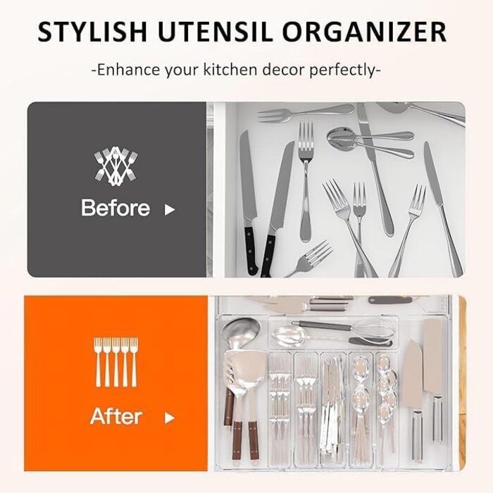 Органайзер для столових приборів ZHUlYIWIN в шухляду, прозорий пластиковий, з регульованими секціями та тримачами для ножів