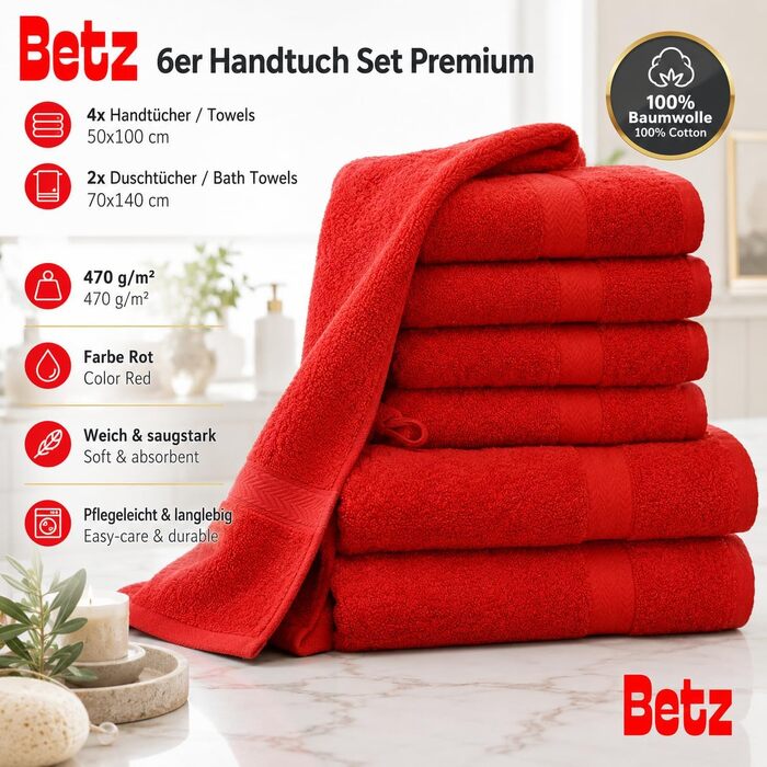 Набір махрових рушників Betz Premium, 6 шт. (4 шт. 50x100 см, 2 шт. 70x140 см), 100% бавовна, червоний
