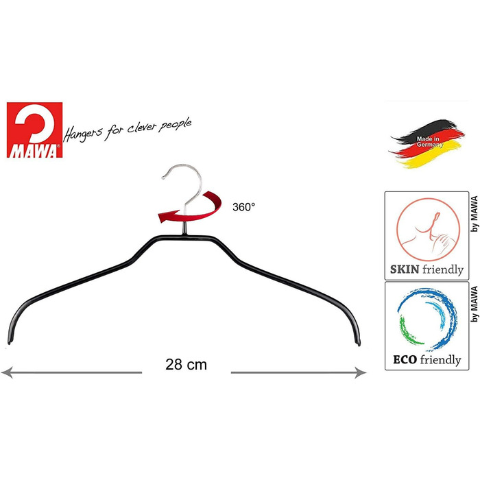 MAWA Clothes Hangers for Children, 10 Pieces, Space-Saving and Non-Slip Top Hangers for Shirts & Blouses, 360° Swivel, High-Quality Non-Slip Coating, 28 cm, Black