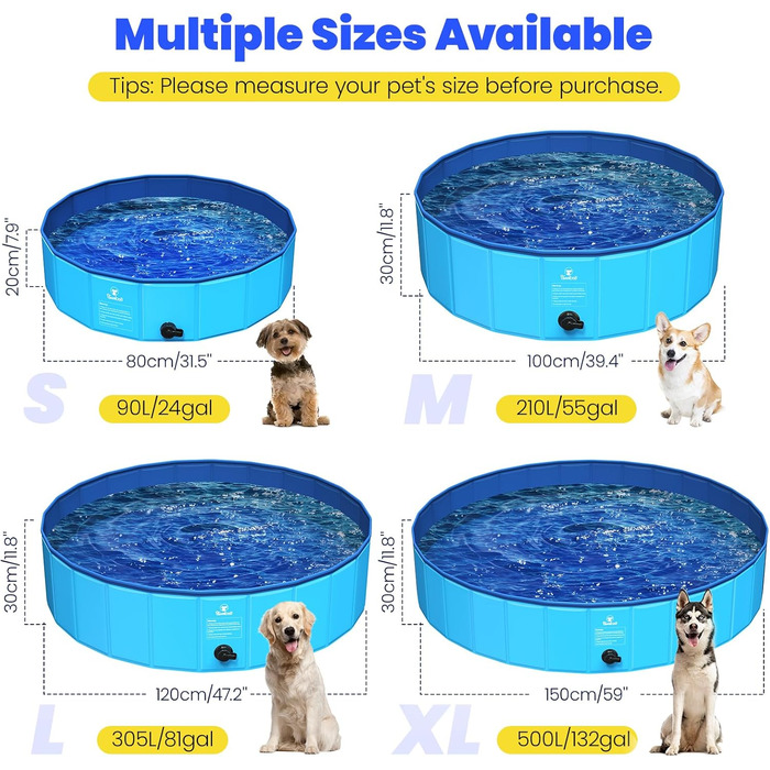 Pawaboo Foldable Dog Pool, Dog Bath, Swimming Pool for Dogs, Easy Storage, Durable Scratch-Resistant Pet Pool for Puppies and Cats, Portable Splash Pool for Pets (80cm x 20cm, S)