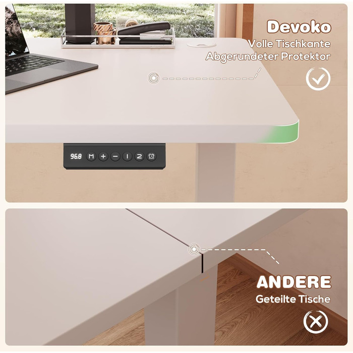 Devoko Adjustable Height Desk, Electric Standing Desk with Desktop - 73-118cm, 2 Memory Settings, Office Desk, Collision Detection (White, 160x60cm)